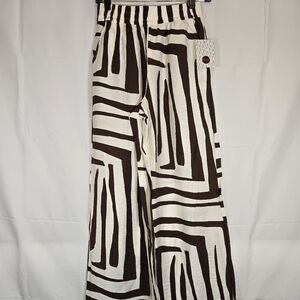 Brown & Off White Zebra Linen Blend Wide Leg Pants